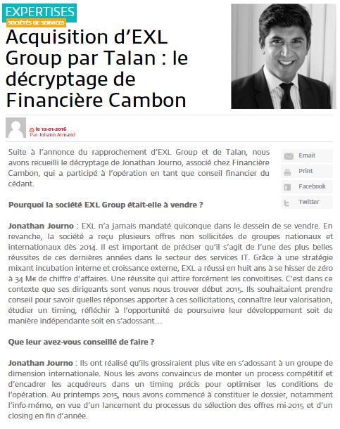 Acquisition d’EXL Group par Talan : le décryptage de Financière Cambon