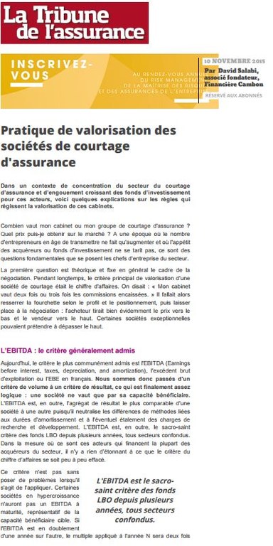 Pratique de valorisation des sociétés de courtage d'assurance